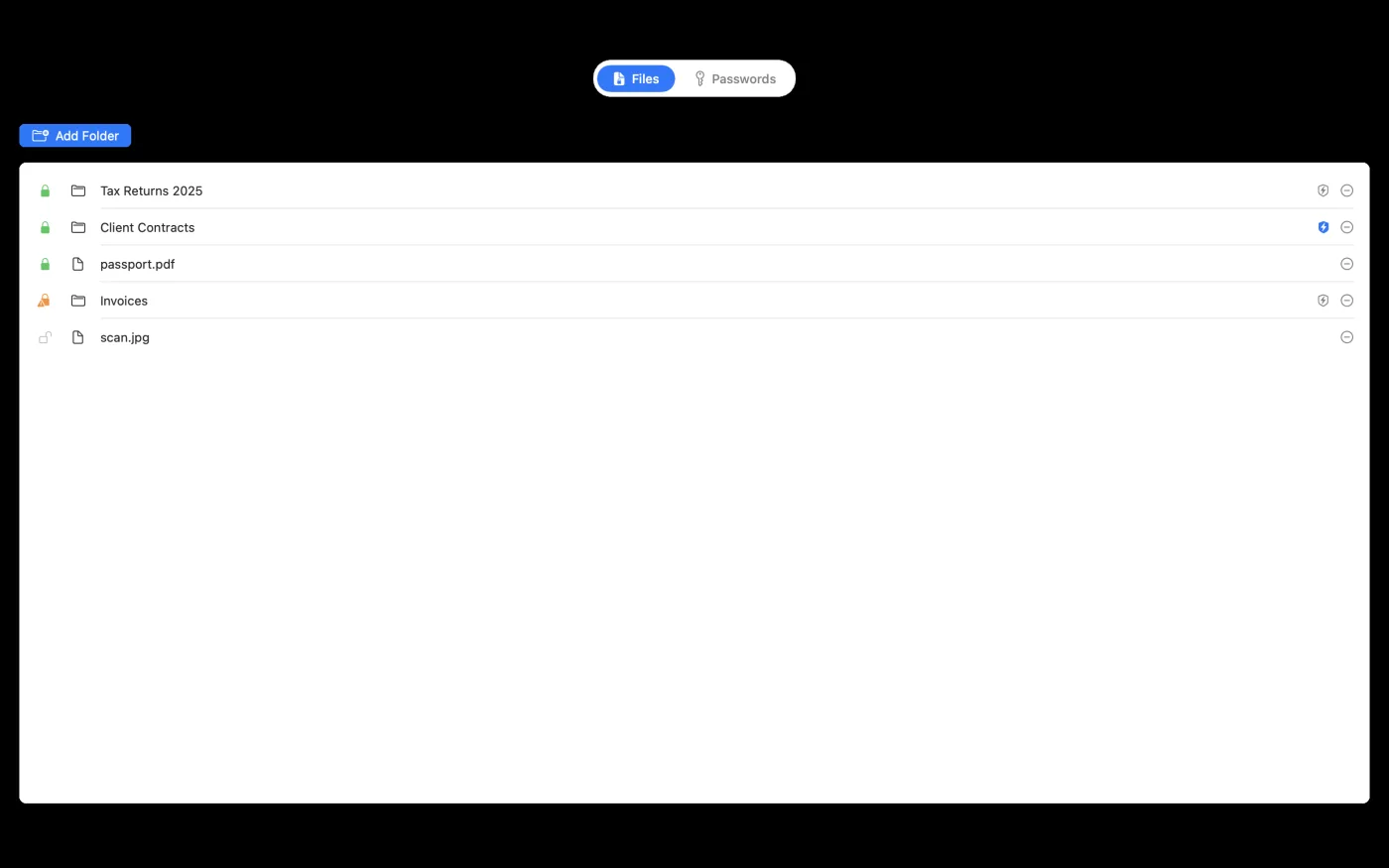 The file list, each item showing a locked, unlocked or partially locked badge