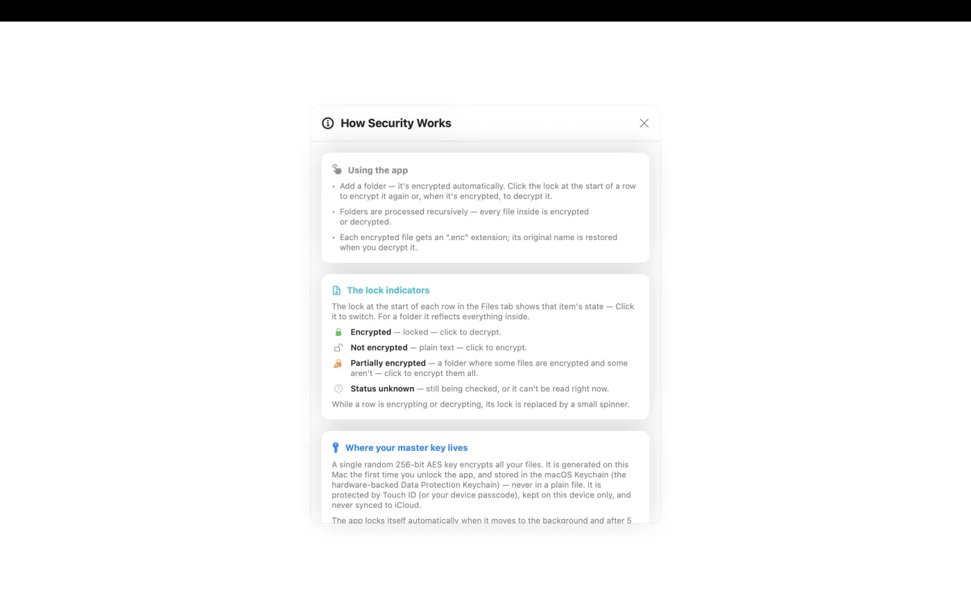 The How Security Works screen, explaining where the master key lives