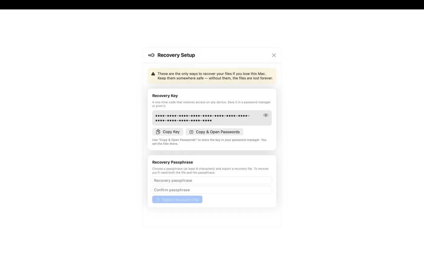 Recovery setup, showing the one-time recovery key and the recovery file