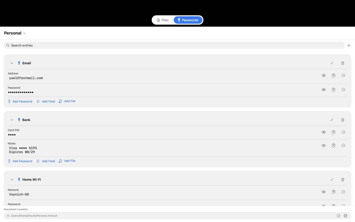 The Document Location screen, where the encrypted vault file is placed